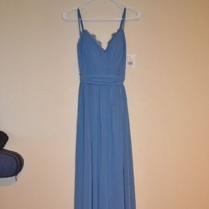 David's bridal full length blue dress.